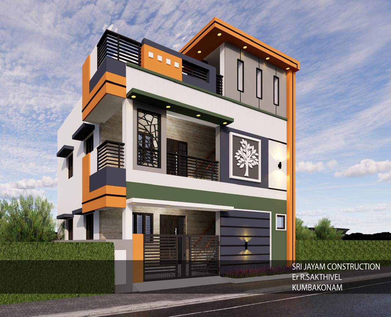 3D elevation render of modern G+2 villa design by Jayam Construction Kumbakonam